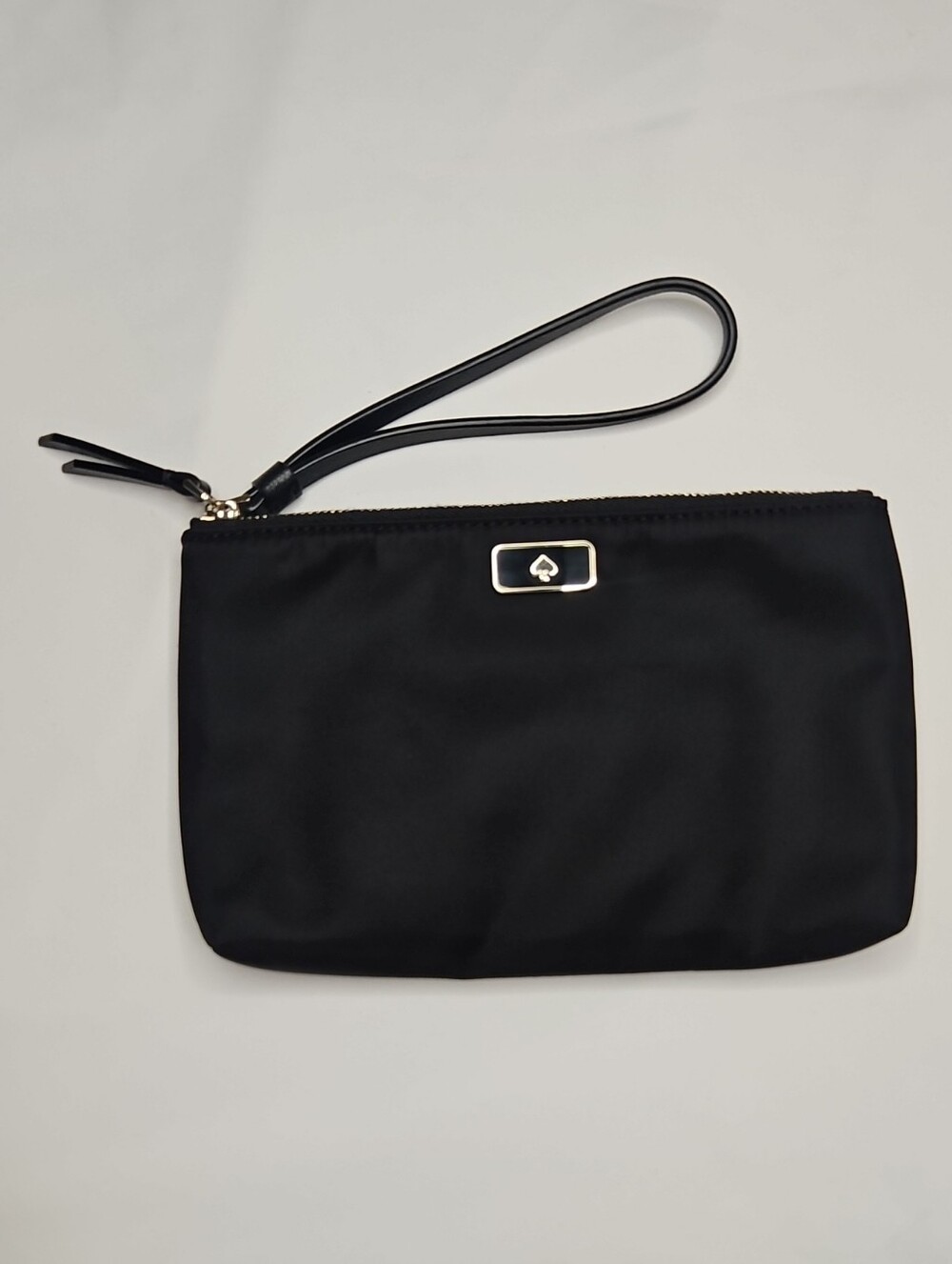 Kate Spade Black Wristlet Clutch with Gold Logo Plaque Like New